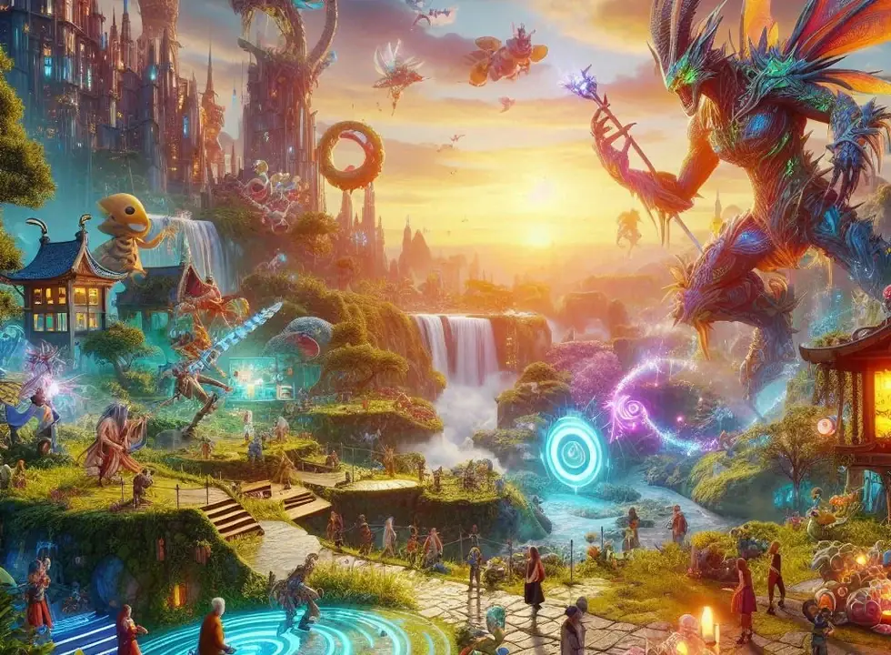Colorful fantasy arena with glowing organic portals