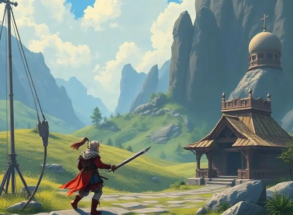 Adventurer running through a bright valley